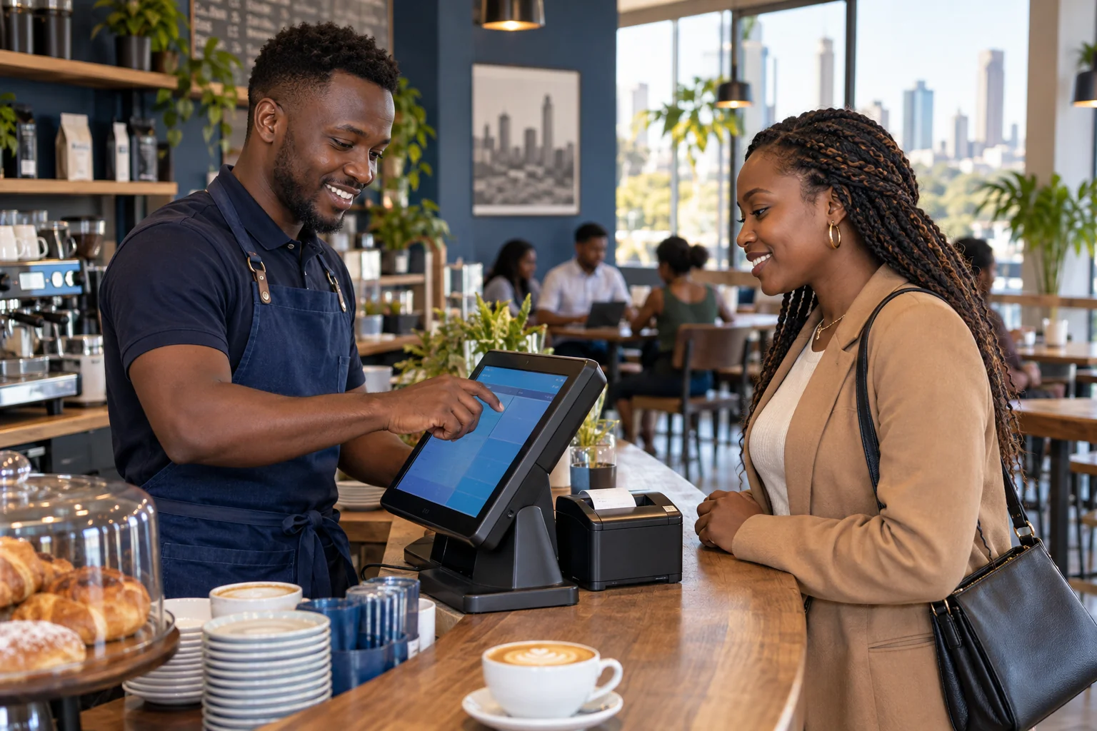 Illustrative cafe waiter helping a customer with an order at a point-of-sale counter