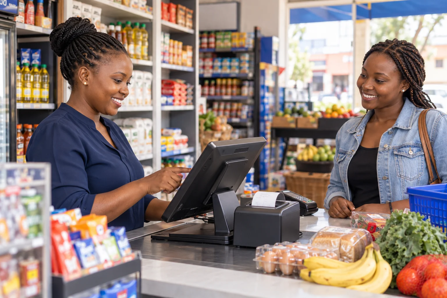 Illustrative retail shop owner serving a customer at a point-of-sale counter